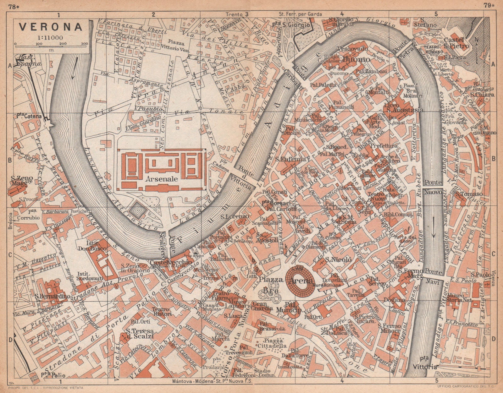 VERONA vintage town city centre map plan pianta della città. Italy 1958